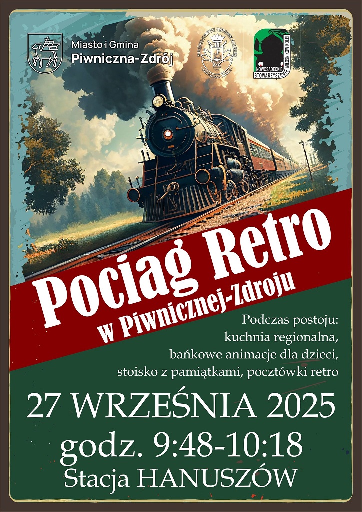 Pociąg Retro na stacji Hanuszów w Piwnicznej-Zdroju