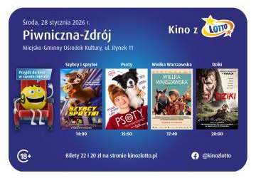 Kinowe hity powracają do Piwnicznej-Zdroju. Tym razem jako Kino z LOTTO - zapraszamy 28 stycznia do Miejsko-Gminny Ośrodek Kultury w Piwnicznej-Zdroju na wyjątkowe filmy