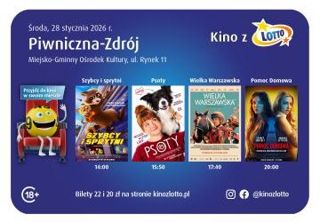 Kinowe hity i super nowości w Piwnicznej-Zdroju! Tym razem Kino z LOTTO. Zapraszamy 28 stycznia