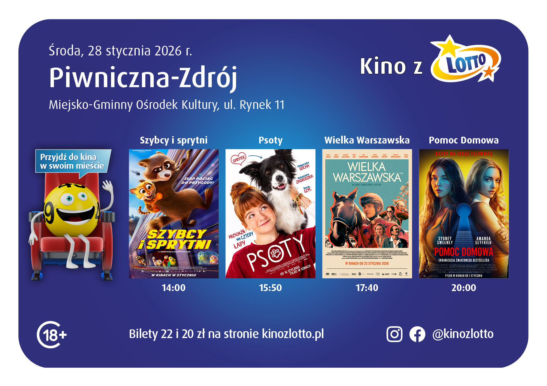 Kinowe hity i super nowości w Piwnicznej-Zdroju! Tym razem Kino z LOTTO. Zapraszamy 28 stycznia
